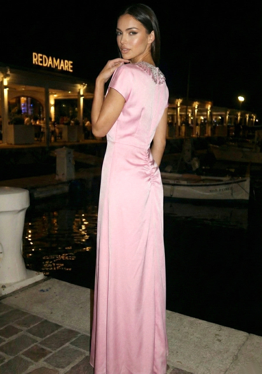 Chic Light Pink V-Neck Beaded Long Sleeve Midi Formal Evening Prom Dresses