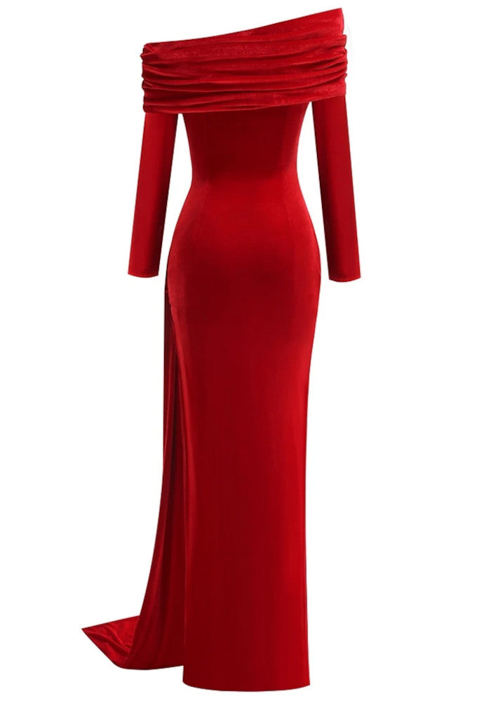Chic Red One Shoulder Ruched Side Slit Long Sleeve Formal Evening Prom Dresses