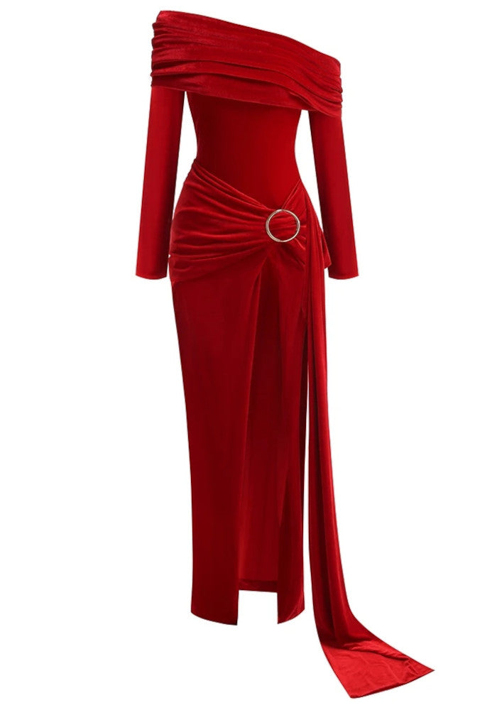 Chic Red One Shoulder Ruched Side Slit Long Sleeve Formal Evening Prom Dresses