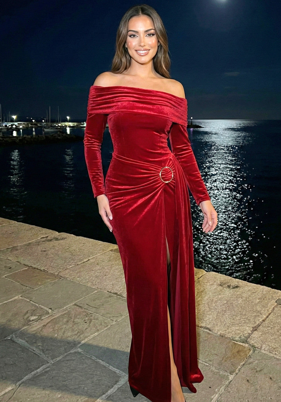Chic Red One Shoulder Ruched Side Slit Long Sleeve Formal Evening Prom Dresses