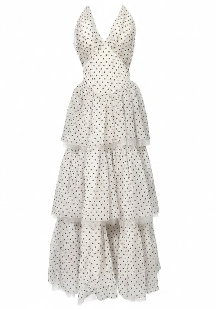 Chic White Black Polka Dot Off Shoulder Ruffled Tiered Long Formal Evening Prom Dresses