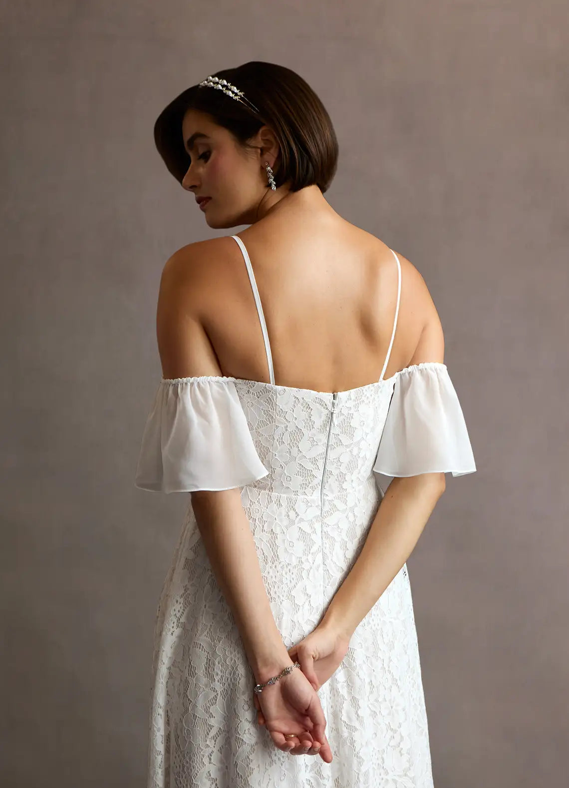 Chiffon Flutter Sleeves Floral Lace A-Line Wedding Dress with Off-the-Shoulder Flutter Sleeves