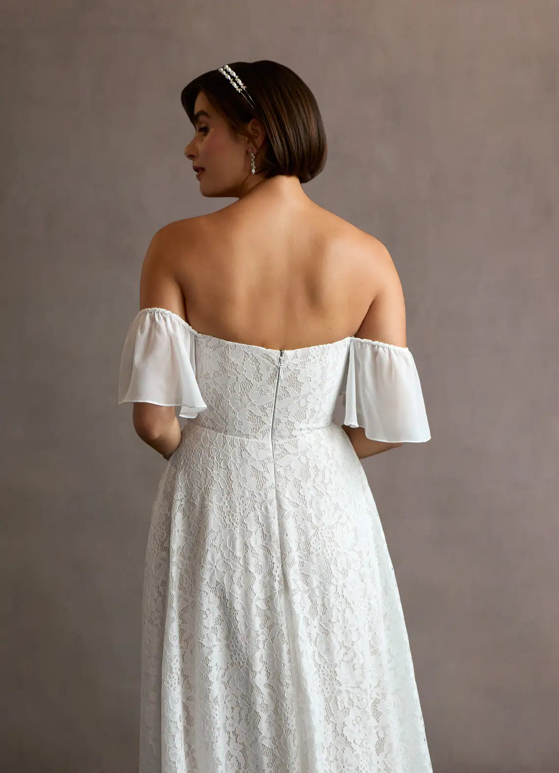 Chiffon Flutter Sleeves Floral Lace A-Line Wedding Dress with Off-the-Shoulder Flutter Sleeves