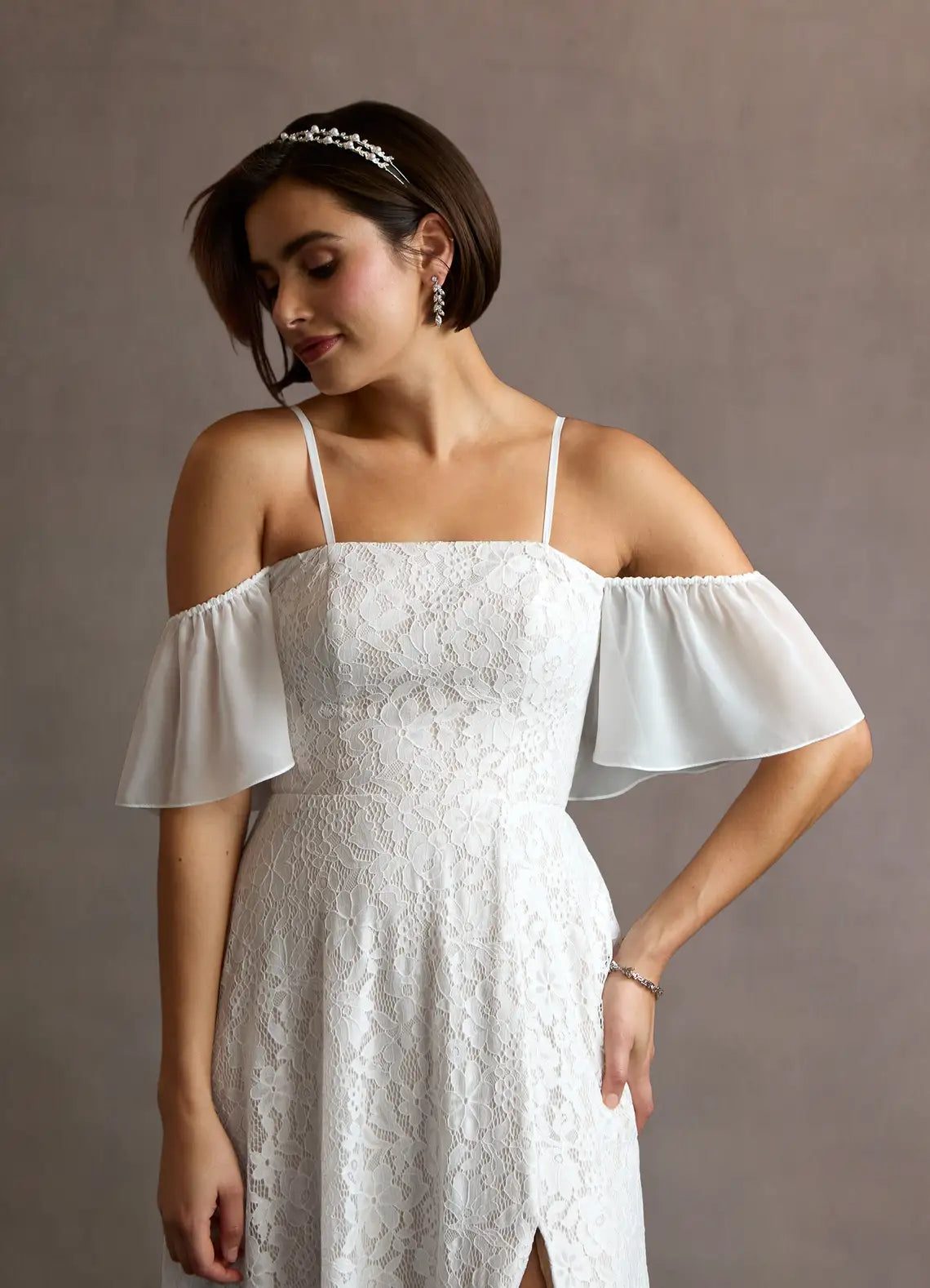 Chiffon Flutter Sleeves Floral Lace A-Line Wedding Dress with Off-the-Shoulder Flutter Sleeves