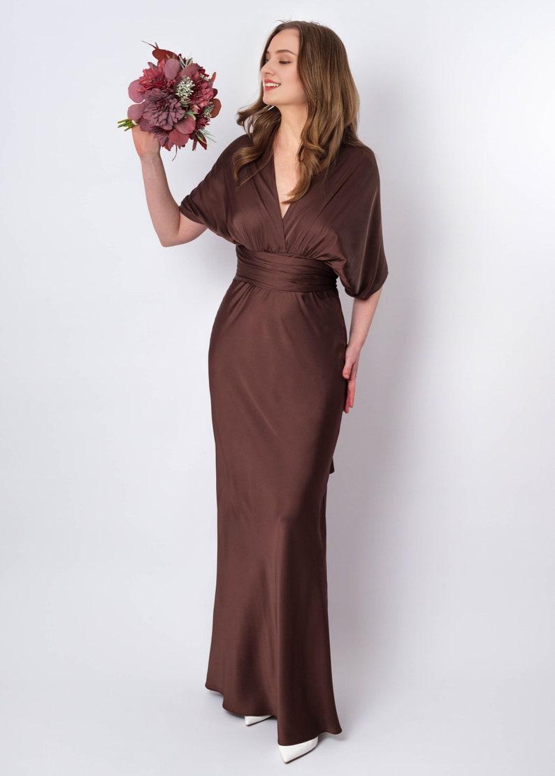 Chocolate Brown's Long Bridesmaid Dress With Multiple Dressing Styles Is Suitable For Wedding Themes