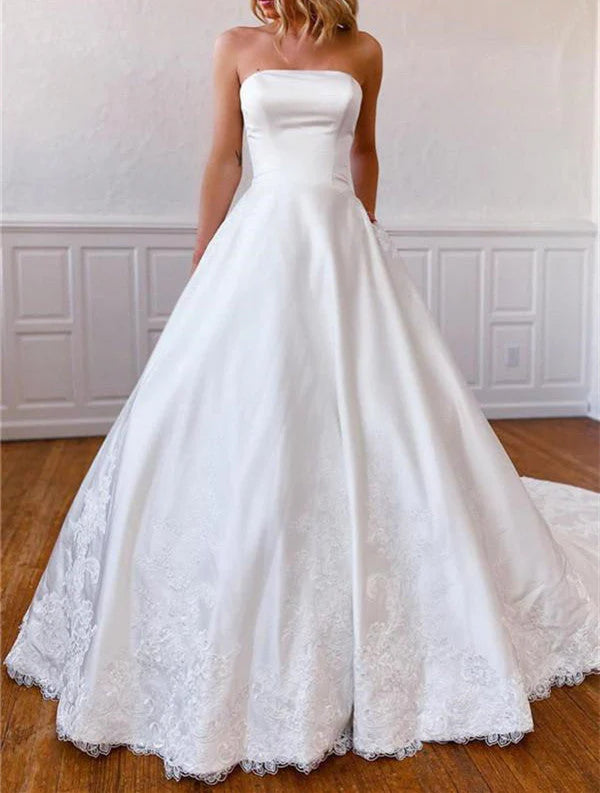 Classic Strapless Satin Sweep Train Lace Appliques Wedding Dresses