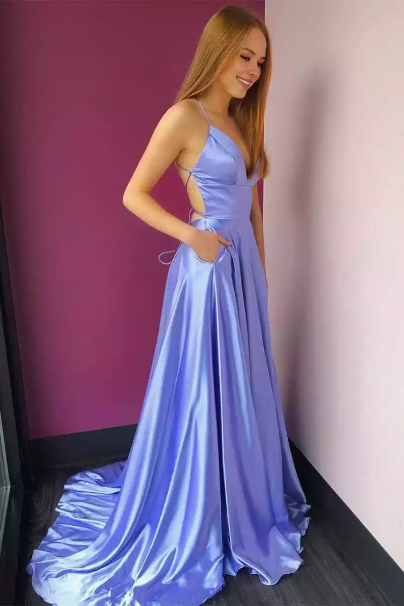 Classic A-line silhouette simple high slit satin sleeveless lace up back Prom Dresses