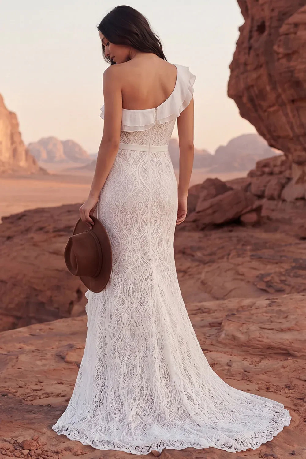 Classic Vintage One-Shoulder Ruffle Lace Mermaid Asymmetrical Wedding Dress with Slit