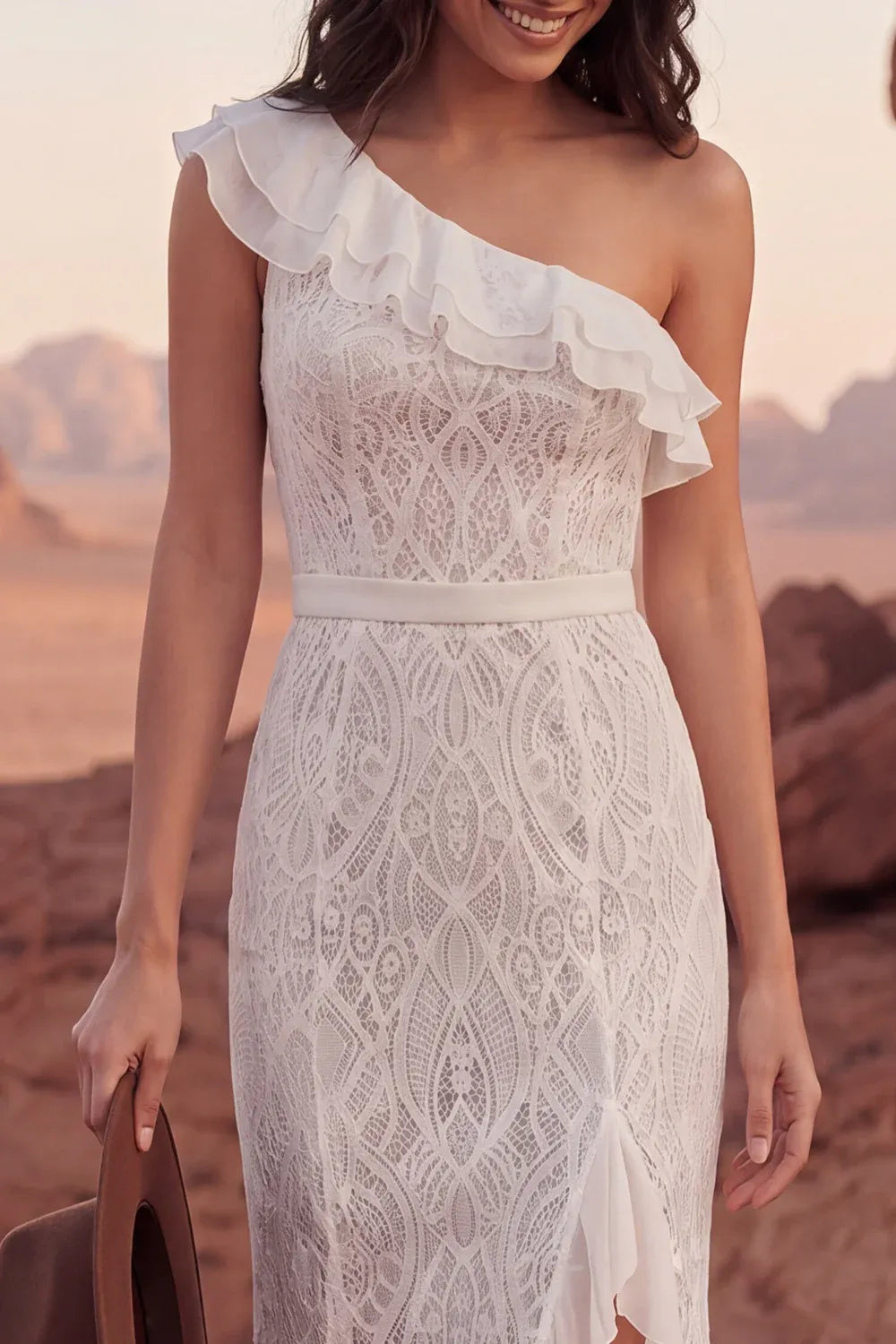 Classic Vintage One-Shoulder Ruffle Lace Mermaid Asymmetrical Wedding Dress with Slit