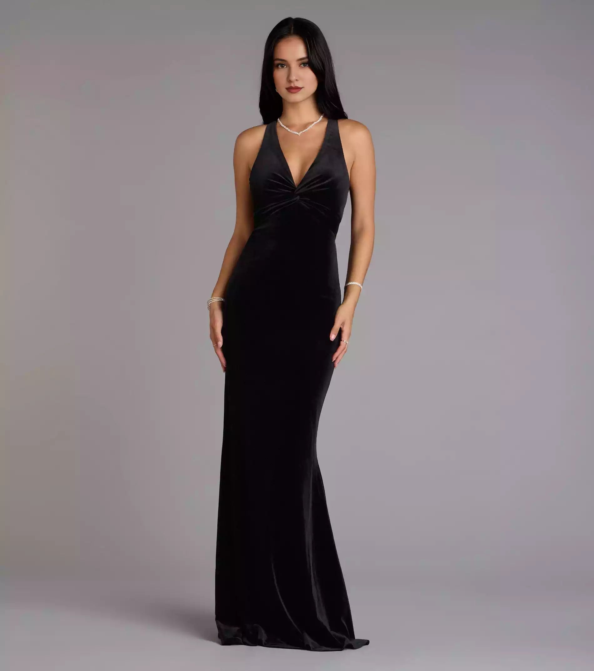 Classic and elegant luxurious velvet deep V backless neckline open lace mermaid and floor skirt Prom Dresses