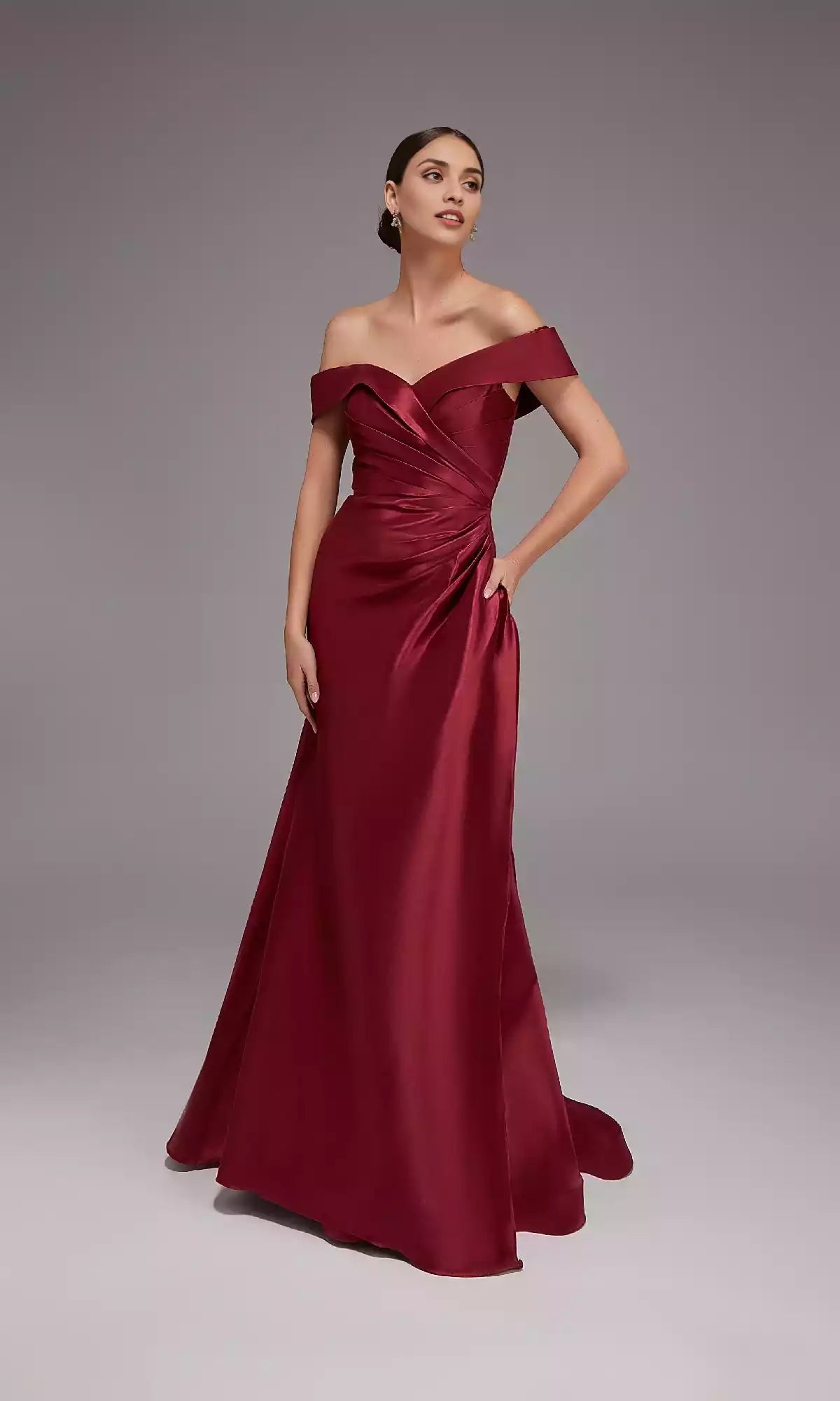 Classic and elegant off shoulder long imitation wrap skirt with a slightly flared shape below the hips Prom Dresses