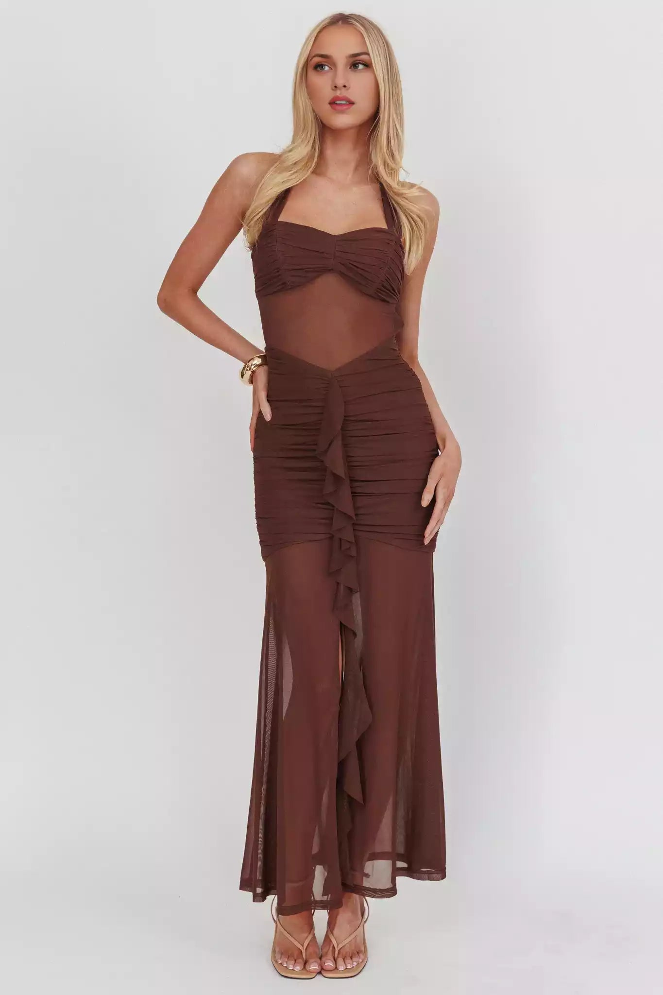 Classic partially lined backless pleated detail front split side zipper Prom Dresses