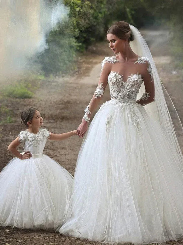 Cold Shoulder Modern Illusion Neck Lace Ball Gown Wedding Dress with Matching Flower Girl Dress