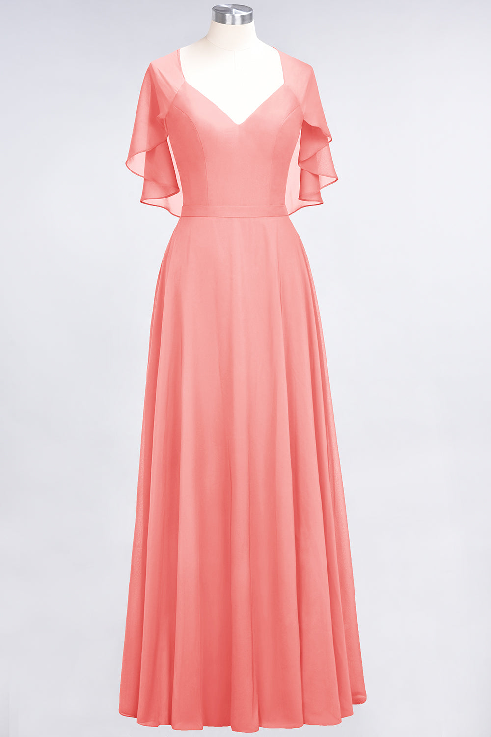 Long A Line V Neck Chiffon Floor-Length Bridesmaid Dress with Sleeves