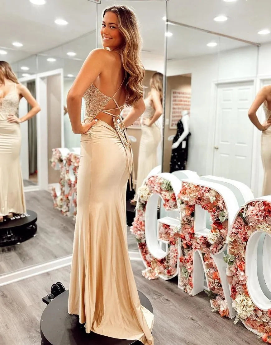 Spaghetti Straps Corset Back Long Prom Dress