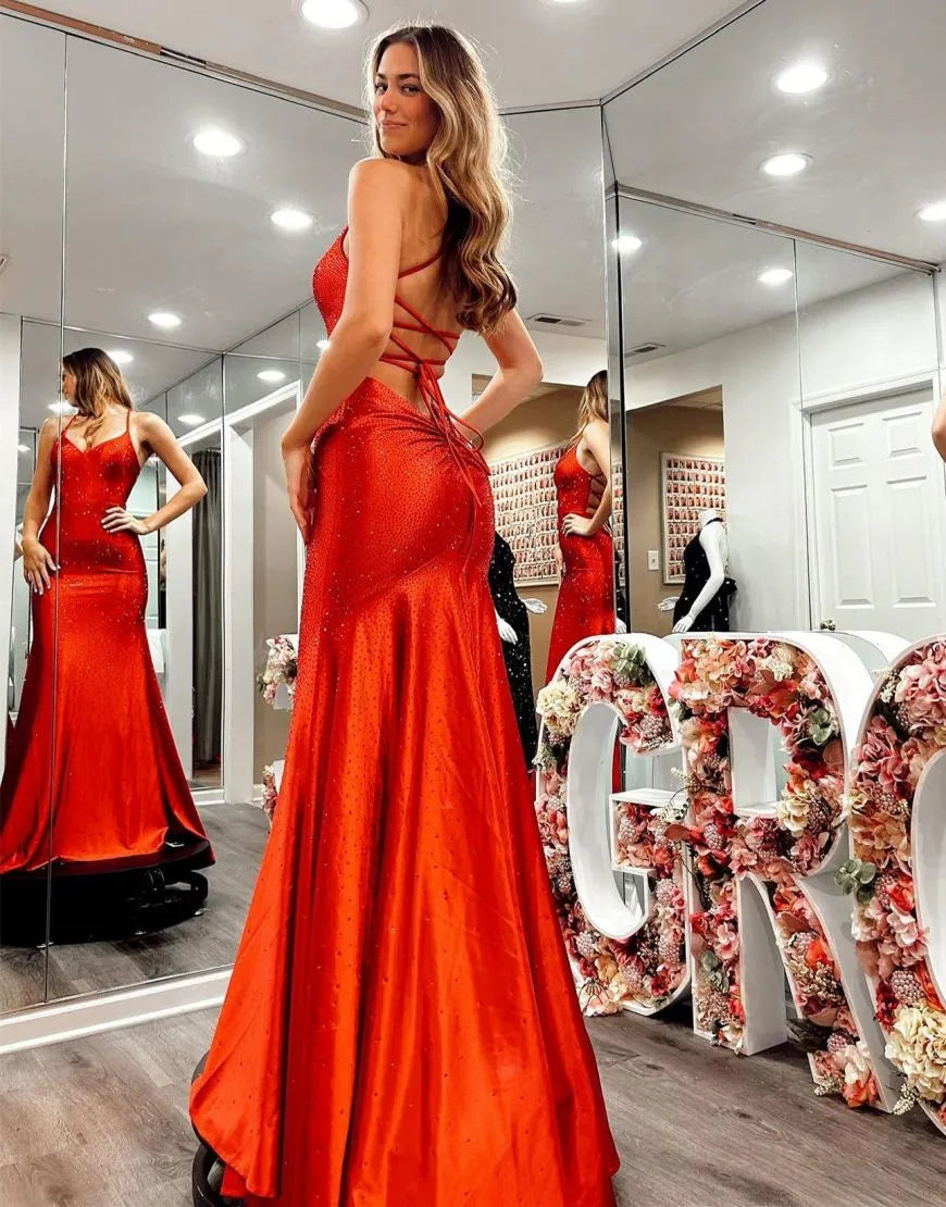 Red Spaghetti Straps Corset Back Long Prom Dress