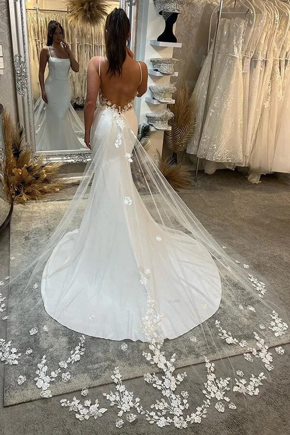 Satin Mermaid Spaghetti Straps Court Train Wedding Dresses Bridal Gown