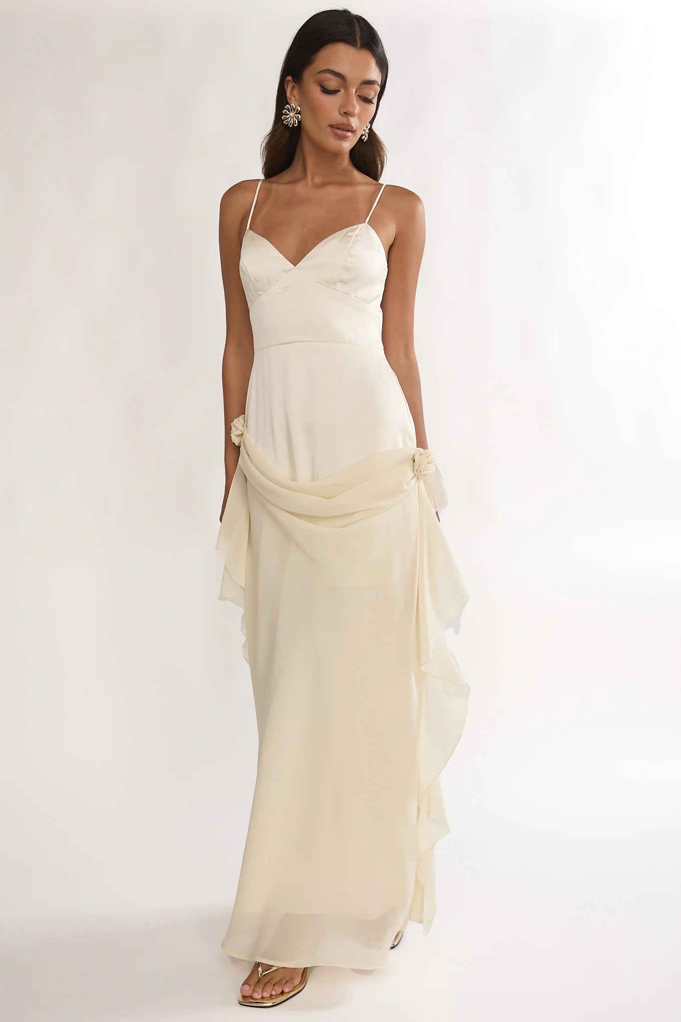 Cream Satin Chiffon Ruffle Floral Detail Maxi Evening Dress