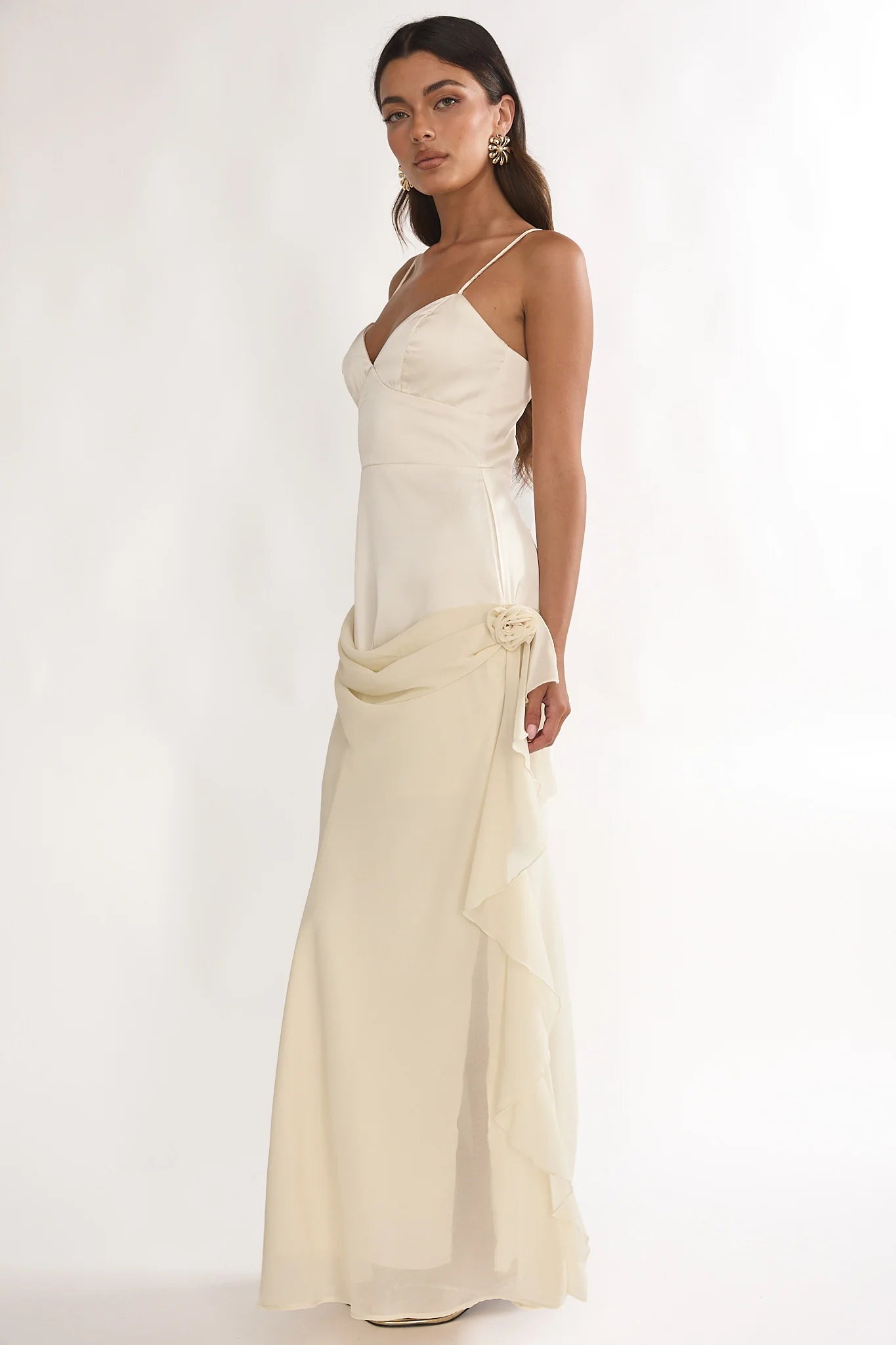 Cream Satin Chiffon Ruffle Floral Detail Maxi Evening Dress