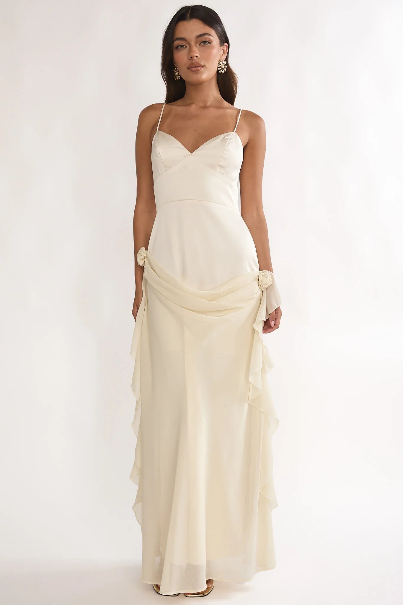 Cream Satin Chiffon Ruffle Floral Detail Maxi Evening Dress