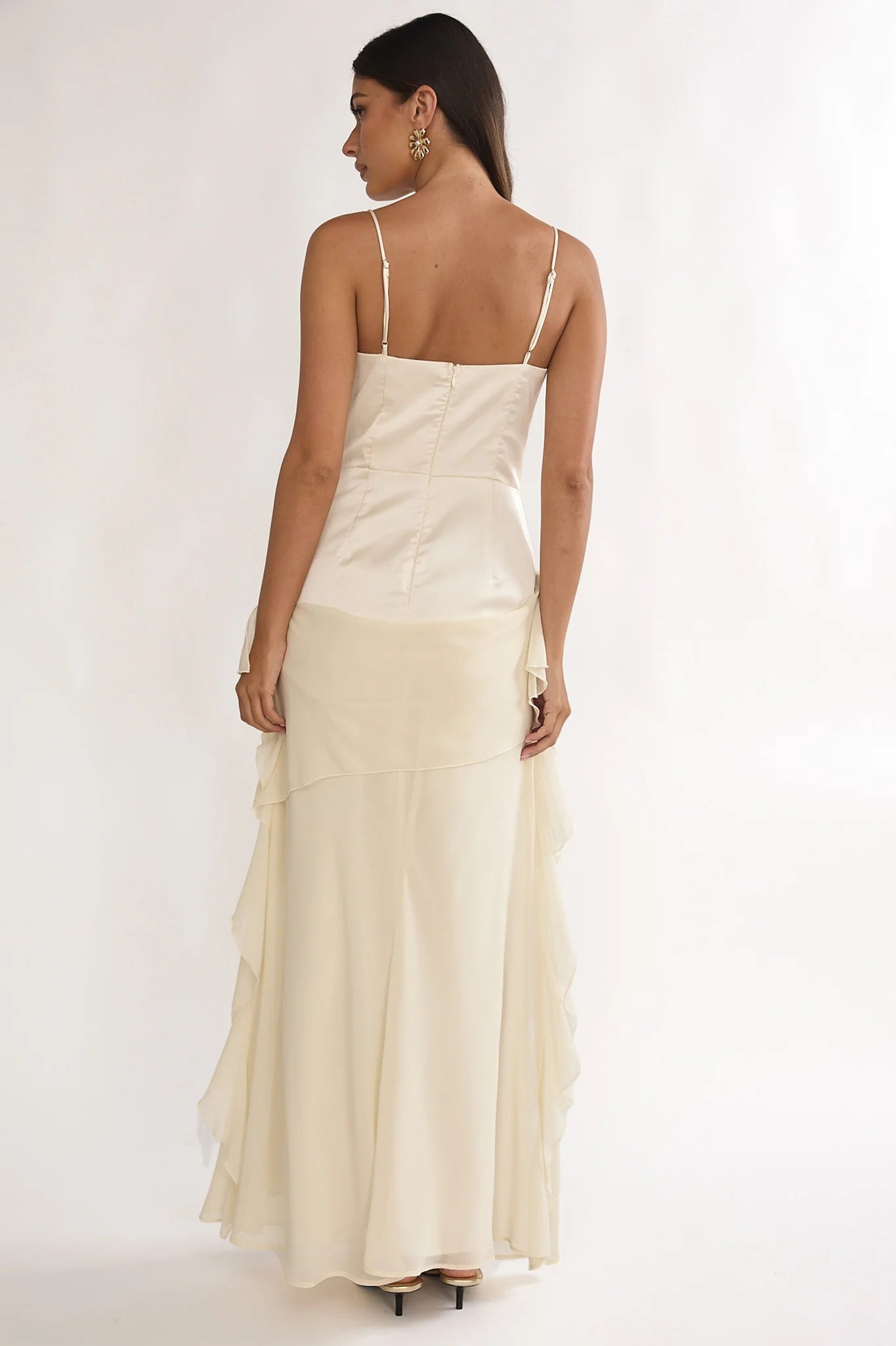 Cream Satin Chiffon Ruffle Floral Detail Maxi Evening Dress