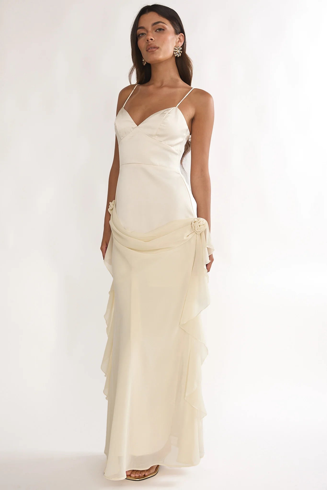 Cream Satin Chiffon Ruffle Floral Detail Maxi Evening Dress