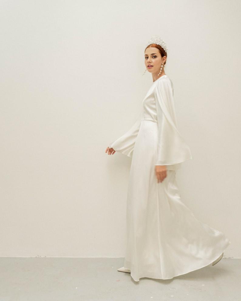 Cream White Floor Length Dress / Angle Long Sleeves Satin Wedding Gown