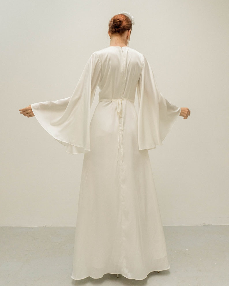 Cream White Floor Length Dress / Angle Long Sleeves Satin Wedding Gown
