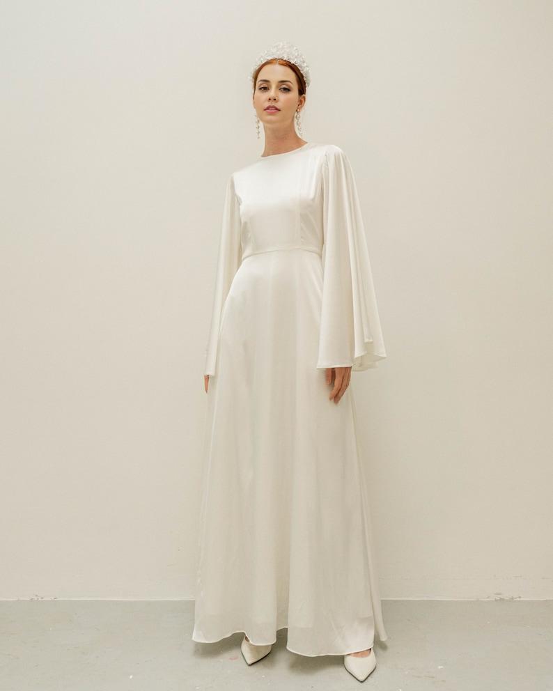 Cream White Floor Length Dress / Angle Long Sleeves Satin Wedding Gown