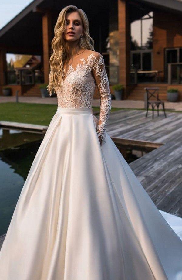 DingjiweddingDress Modest Custom Made Long Sleeves Satin & Lace Long Wedding Dresses