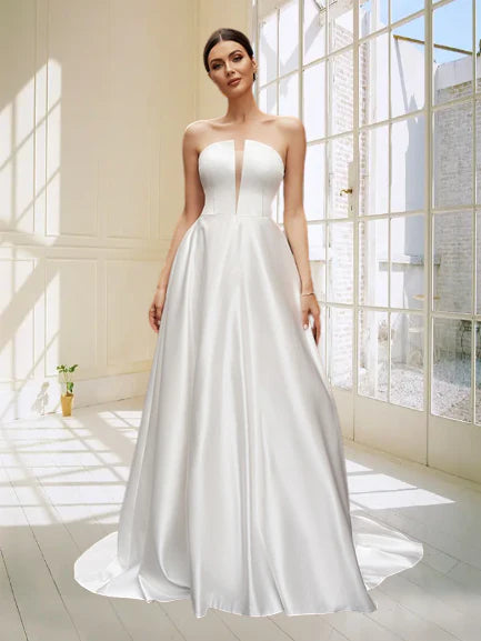 Dingji WeddingjiDress Cute Elegant Strapless Long A-Line Satin Wedding Dresses