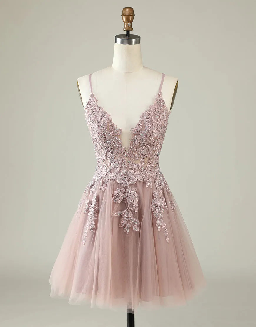 Spaghetti Straps Corset Back Tulle Dress With Appliques