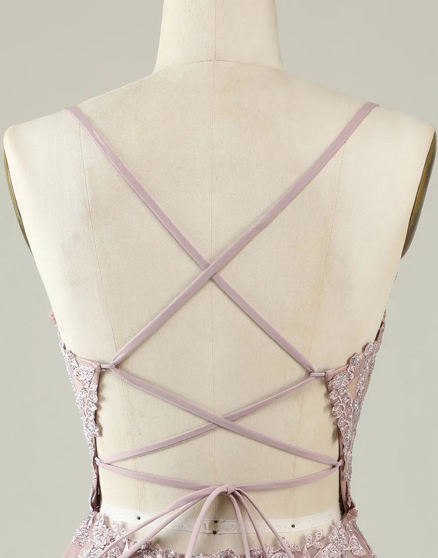 Spaghetti Straps Corset Back Tulle Dress With Appliques