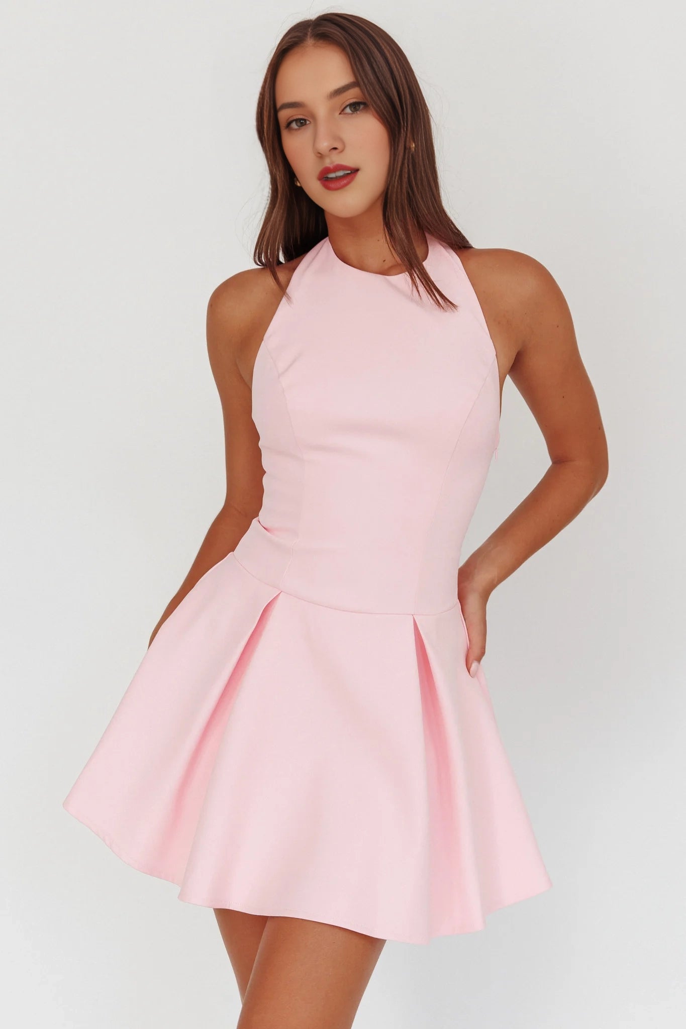Cute backless mini neck button closure box shaped pleat with zipper on the side Homecoming Dresses