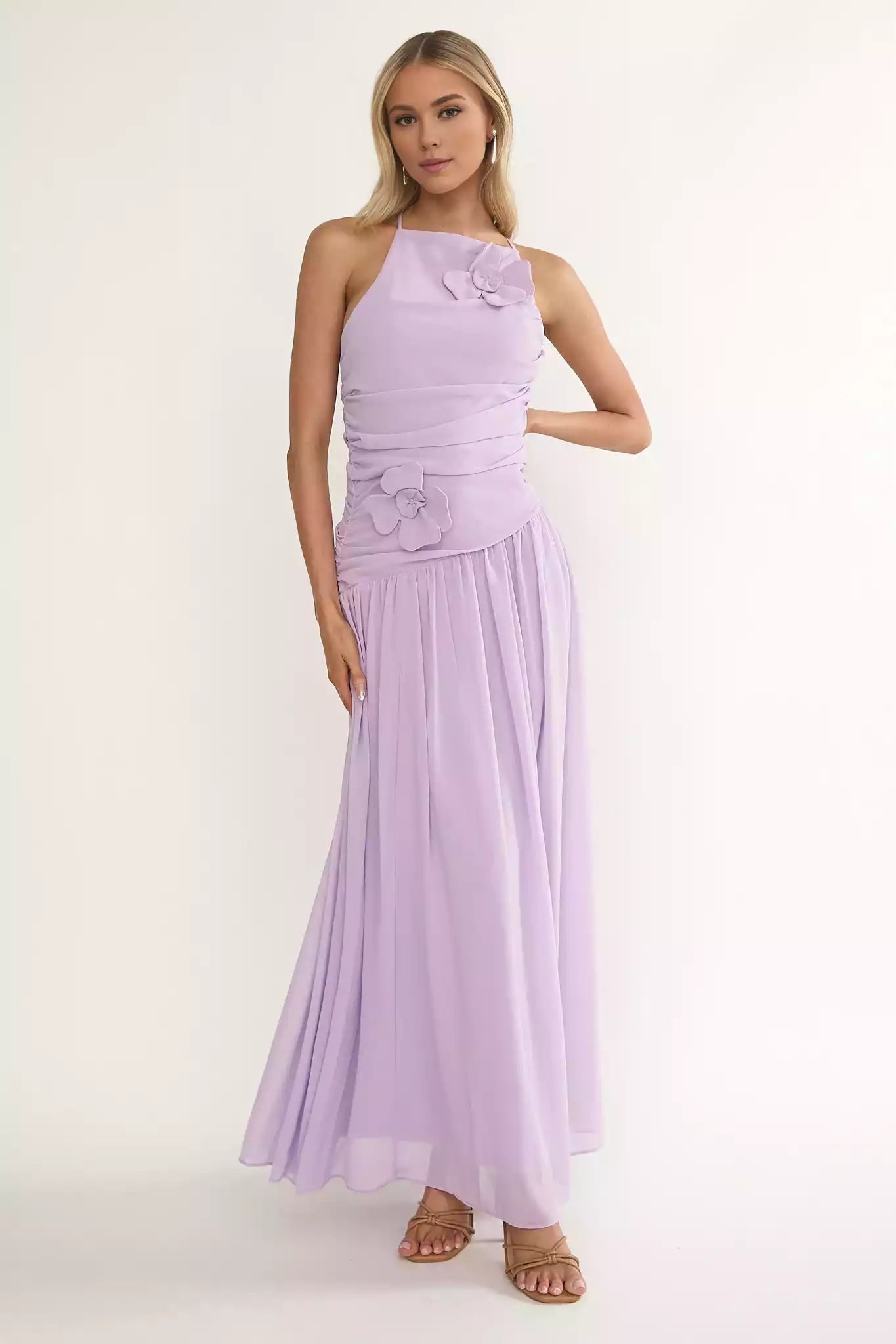Cute lining with pleated details, asymmetrical low waist, crossed back, and zippered sides Prom Dresses