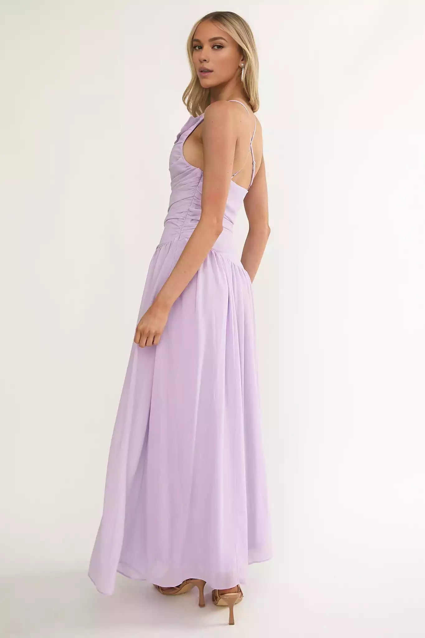 Cute lining with pleated details, asymmetrical low waist, crossed back, and zippered sides Prom Dresses