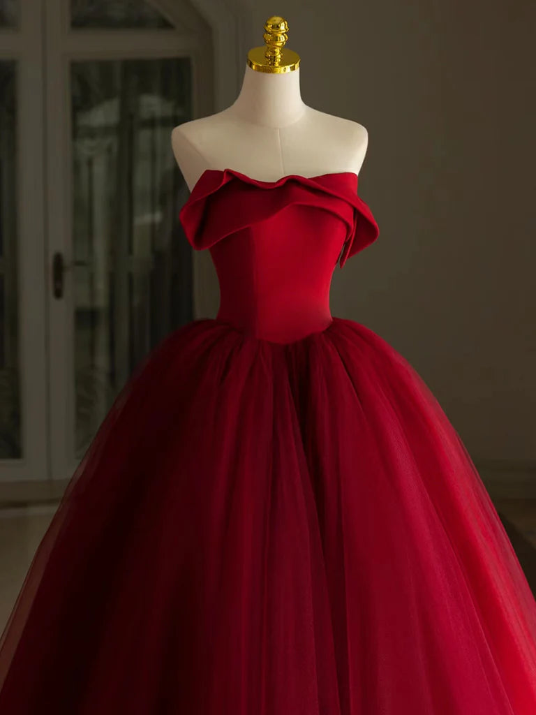 A-Line Tulle Burgundy Long Prom Dress