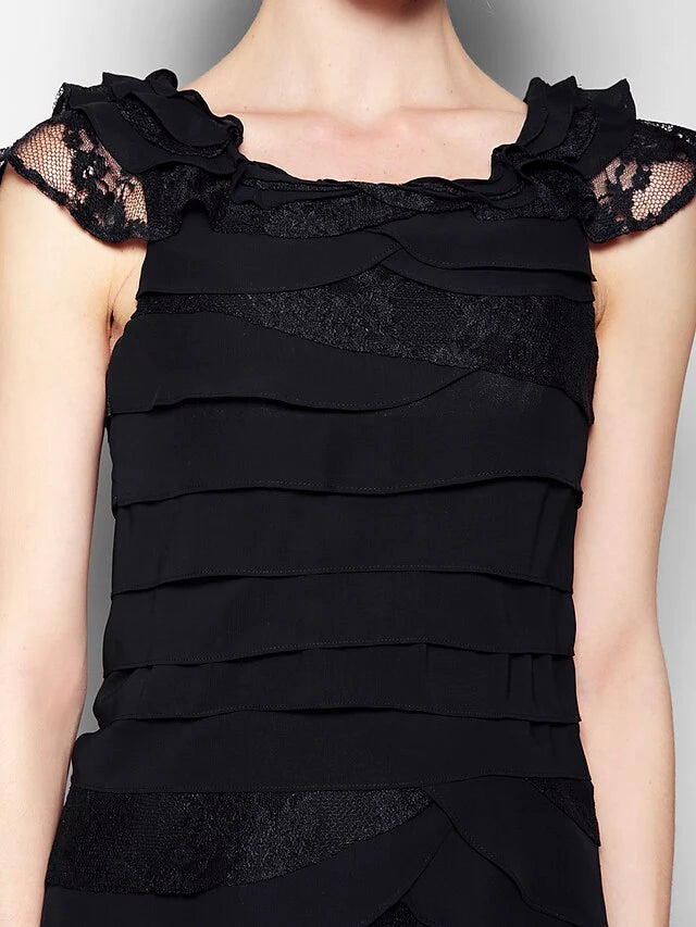 Mother of the Bride Dress Little Black Dress Scoop Neck Knee Length Chiffon Lace Sleeveless with Lace Pleats Ruffles