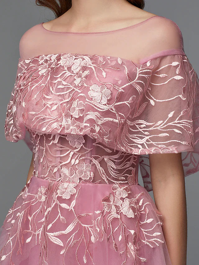 DingjiA-Line Elegant High Low Holiday Cocktail Party Prom Dress Illusion Neck Sleeveless Asymmetrical Lace Tulle with Lace Insert