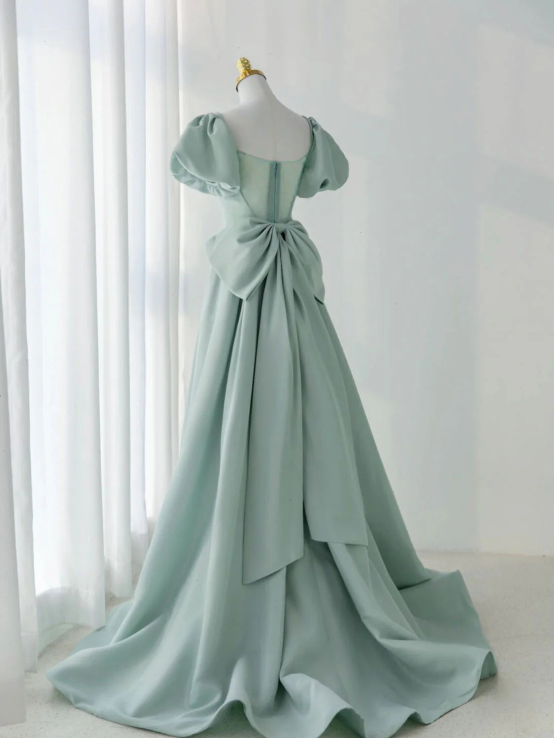 A-Line Puff Sleeves Green Long Prom Dress Green Formal Dress