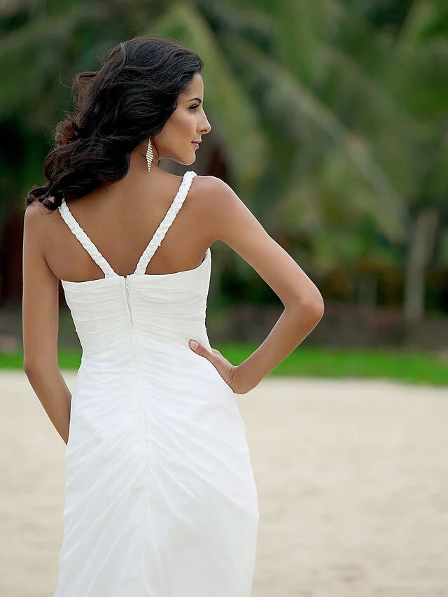 DingjiA-Line Wedding Dresses V Neck Asymmetrical Chiffon Spaghetti Strap Formal Casual Backless with Ruched