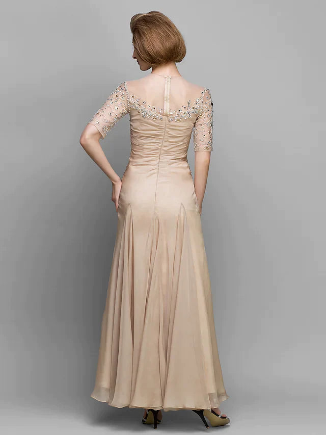 A-Line Mother of the Bride Dress Vintage Inspired Jewel Neck Ankle Length Chiffon Half Sleeve with Ruched Beading