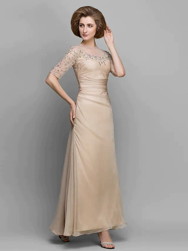 A-Line Mother of the Bride Dress Vintage Inspired Jewel Neck Ankle Length Chiffon Half Sleeve with Ruched Beading