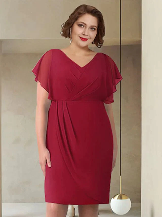Mother of the Bride Dress Elegant V Neck Knee Length Chiffon Short Sleeve with Ruching