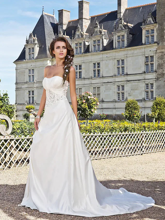 DingjiPrincess A-Line Wedding Dresses Strapless Chapel Train Satin Sleeveless