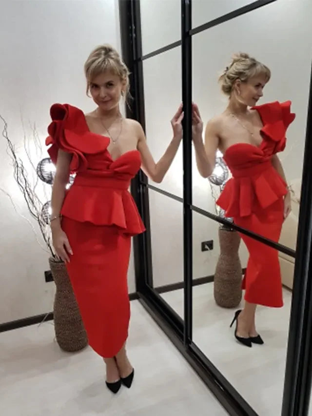 DingjiBeautiful Back Sexy Party Wear Cocktail Party Dress One Shoulder Sleeveless Tea Length Spandex with Ruffles