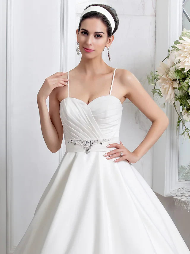 Princess A-Line Wedding Dresses Sweetheart Neckline Satin Sleeveless with Sash Ribbon Ruched Beading
