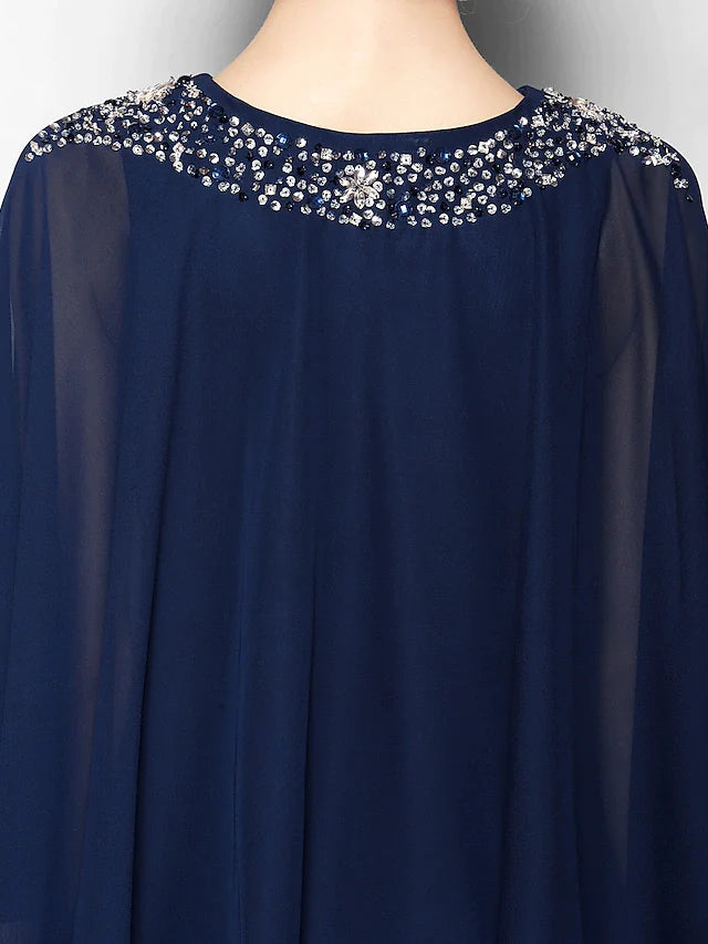 Mother of the Bride Dress V Neck Tea Length Chiffon 3/4 Length Sleeve with Crystals Beading