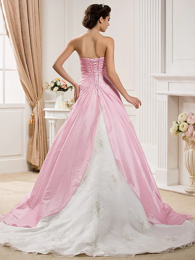 DingjiBall Gown Wedding Dresses Strapless Chapel Train Organza Taffeta Strapless Wedding Dress in Color with Ruched Beading Appliques