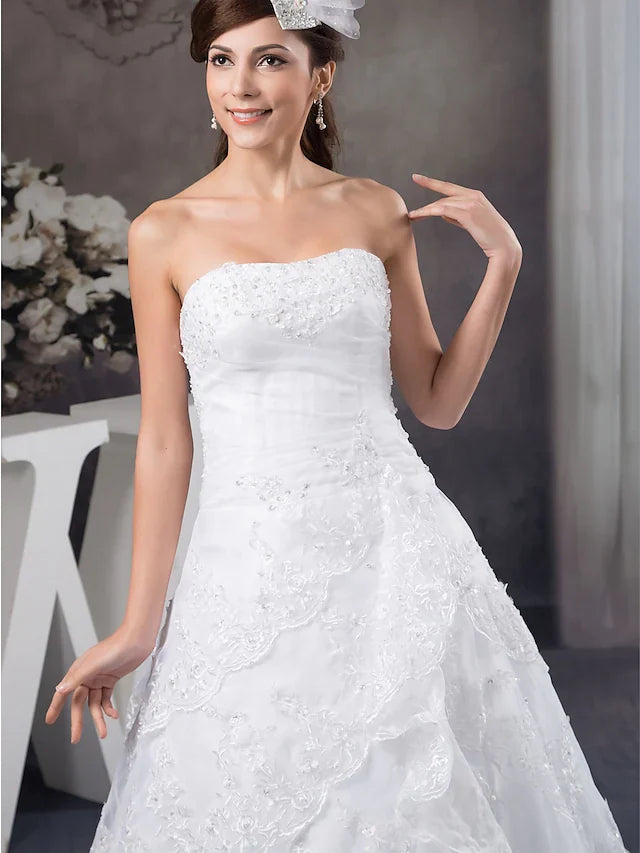DingjiA-Line Wedding Dresses Strapless Chapel Train Lace Organza Satin Strapless with Beading Appliques Cascading Ruffles